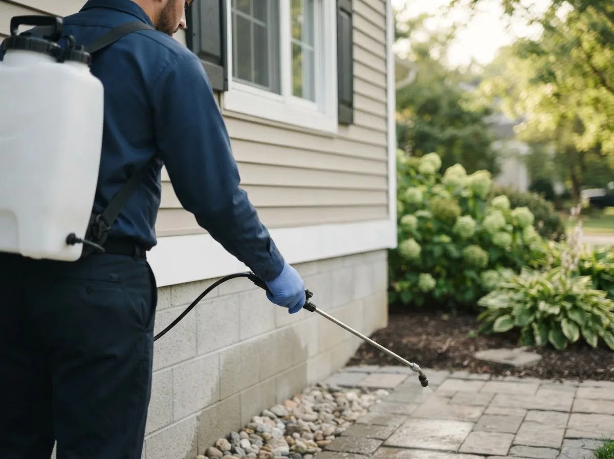Pest control technician inspecting a home in Moriarty, NM